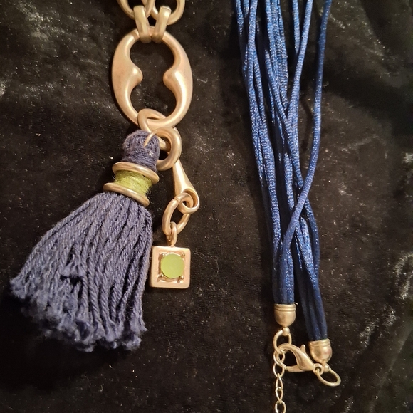 Vintage Gold and Navy Blue Statment  Tassel Necklace chunky accents.38 In Long - Picture 9 of 10